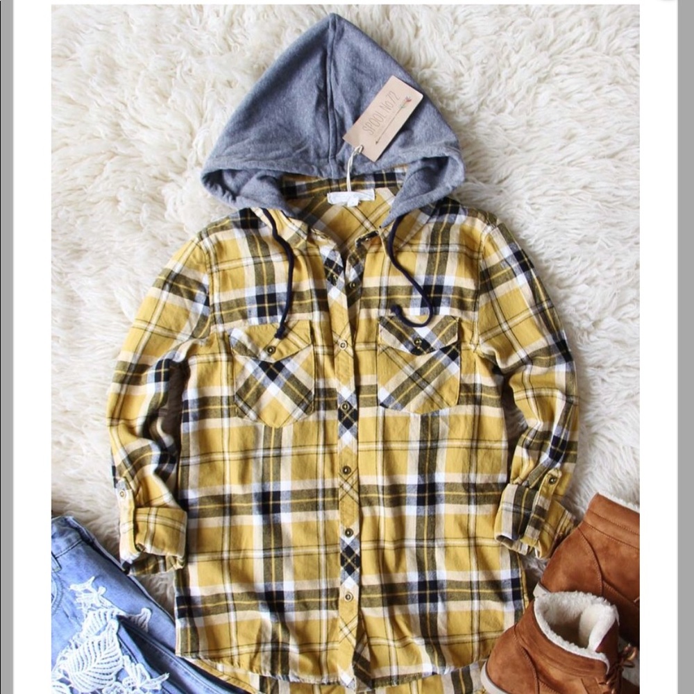 Spool 72 plaid hoodie in mustard.